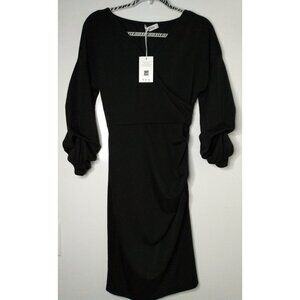 GRACE KARIN Dress Womens S Black 3/4 Ruched Sleeve V Neck Faux Wrap Knee Length